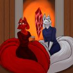 anthro black_nose blue_eyes breasts clothed clothing duo female fur hair multi_tail red_body red_fur red_hair tail white_body white_fur white_hair foxenawolf krinele_fullin molly_fullin canid canine dreamspinner fox mammal 1:1