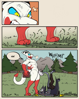 abs annoyed anthro blue_sclera bottomwear breath bruised clothed clothing digitigrade dipstick_tail dried_blood duo emanata featureless_crotch fight forest furgonomic_pants gloves_(marking) grass headbutt leg_markings male male_anthro markings multicolored_body muscular muscular_anthro muscular_male nude_anthro nude_male pants pawpads pelvic_thrust plant red_arms red_legs red_tail_tip skid_marks socks_(marking) spade_tail tail tail_markings tail_tuft tall_male text topless topless_anthro topless_male tree tuft vein white_body white_tail wings wounded yellow_eyes 60percentscalie dovak vauruk bat demon mammal 4:5 comic hi_res