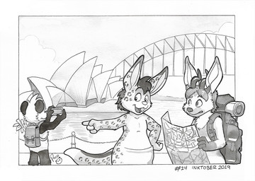 anthro cheek_tuft facial_spots facial_tuft female female_anthro front_view group holding_map looking_aside male male_anthro markings nude open_mouth open_smile outside pouch_(anatomy) smile spots spotted_arms spotted_ears spotted_face spotted_markings spotted_tail standing sydney_opera_house tail tail_markings teeth tuft young young_anthro young_male pandapaco parinton bear giant_panda hybrid kangaroo lagomorph leporid macropod mammal marsupial rabbit 2019 dated monochrome traditional_media_(artwork)