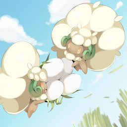 amber_eyes ambiguous_gender cloud cotton duo floating outside sky smile wind nike_29 nintendo pokemon generation_5_pokemon humanoid pokemon_(species) whimsicott 1:1