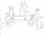 anthro barefoot bikini butt clothing eyewear feet female frown glasses group holding_object humiliation male nude open_mouth smile swimming_pool swimwear swimwear_removed tongue_showing two-piece_swimsuit cirruskitfox misha_(gammaeradon) canid canine canis domestic_dog fox mammal red_fox true_fox monochrome sketch