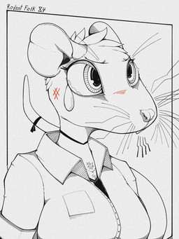 accessory anthro blush bodily_fluids buckteeth choker clothed clothing crying emanata female fur furgonomics hair jewelry necklace ribbons solo tail tail_accessory tail_ribbon tears teeth text whiskers gompami mammal murid murine rat rodent 2026 3:4 absurd_res black_and_white english_text hi_res monochrome