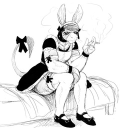 accessory angry anthro armwear bed biped cigarette clothed clothing crossdressing elbow_gloves frown furniture garter gloves half-closed_eyes handwear legwear maid_uniform male muscular muscular_anthro muscular_male narrowed_eyes on_bed ribbons simple_background sitting smoke smoking solo thigh_highs uniform white_background hladilnik donk_(hladilnik) asinus donkey equid equine mammal 1:1 hi_res monochrome sketch