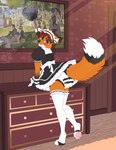 anthro blush brown_hair cleaning_tool clothed clothing crossdressing diaper embarrassed feather_duster femboy fur hair legwear looking_back maid_uniform male orange_body orange_fur pawpads solo tail_under_skirt tail_upskirt thigh_highs uniform upskirt strawberryneko canid canine fox mammal hi_res