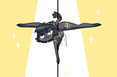 anthro black_body black_fur black_hair breasts clothed clothing dancing female flexible fur hair legwear looking_at_viewer no_underwear pole pole_dancing pupils simple_background slit_pupils small_breasts smile solo splits spread_legs spreading tail_around_pole thigh_highs tongue tongue_out schmuccubus ankama dofus kijiji_(schmuccubus) domestic_cat ecaflip felid feline felis mammal 2017 absurd_res digital_media_(artwork) hi_res
