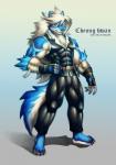 anthro belt biceps blue_body blue_fur bottomwear clothed clothing fingerless_gloves fur gloves hair handwear male muscular muscular_anthro muscular_male pants simple_background solo wolfmalro cheong_hwan canid canine canis mammal wolf 2017 digital_media_(artwork) hi_res