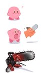 after_transformation ambiguous_gender bodily_fluids brown_body duo exclamation_point inhale not_furry open_mouth pink_body simple_background sweat trait_theft transformation tori57328746 chainsaw_man kirby_(series) nintendo kirby pochita_(chainsaw_man) waddling_head absurd_res hi_res