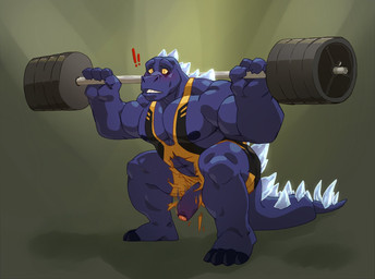 4_toes abs anthro athletic athletic_wear barbell barbell_squats barefoot belly biceps big_muscles biped clothing erection exercise feet foreskin front_view genitals holding_object humanoid_genitalia humanoid_penis kneeling looking_at_viewer male manly mature_anthro mature_male musclegut muscular muscular_anthro muscular_arms muscular_male nervous nipples non-mammal_nipples partially_retracted_foreskin pecs penis penis_poking_out pose simple_background solo spikes squats standing toes tongue torn_clothing vein veiny_penis wardrobe_malfunction weightlifting weights workout wrestling_singlet yellow_eyes taoren godzilla_(series) toho godzilla dinosaur prehistoric_species reptile saurischian scalie theropod tyrannosaurid tyrannosauroid tyrannosaurus tyrannosaurus_rex