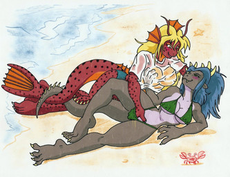 anthro anthro_on_anthro beach bikini blonde_hair blue_hair blush bottomwear breast_grab breasts claws clothing duo entwined_tails eye_contact female female/female fin fingering fingering_partner green_eyes hair hand_in_bikini_bottom hand_on_breast hand_under_shirt horn looking_at_another markings multicolored_body nipples open_mouth open_smile sex shorts smile spikes spots spotted_body swimwear tail tail_coil tail_fin toe_claws translucent translucent_clothing two-piece_swimsuit two_tone_body vaginal vaginal_fingering wet_t-shirt andrade-iv godzilla_(series) toho anguirus anji_lass titanosaurus_(godzilla)