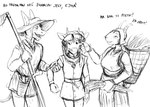 anthro arm_grab cheek_pull dialogue female grabbing_cheek group hay male melee_weapon peasant polearm scythe teasing text trio weapon hladilnik deer_prince zena_(hladilnik) bovid caprine deer equid equine goat mammal 2024 black_and_white hi_res monochrome sketch slovene_text translation_check translation_request