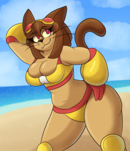 anthro armor beach bikini clothing cloud eyewear eyewear_on_head female gauntlets gloves goggles goggles_on_head handwear knee_pads outside sea smile solo swimwear two-piece_swimsuit water limunada gameoverse glitch_productions kit_bodega domestic_cat felid feline felis mammal absurd_res hi_res