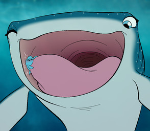 blue_body blue_eyes blush countershading duo female feral macro male micro multicolored_body open_mouth pink_mouth pink_tongue smile throat tongue tongueplay vore gum-k disney finding_dory finding_nemo pixar destiny_(finding_dory) aquatic carpet_shark fish shark whale_shark
