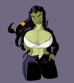 abs anthro areola big_breasts black_clothing black_hair bottomwear breasts cleavage cleavage_overflow clothed clothing crop_top curvy_figure dreadlocks female front_view frown glistening glistening_breasts green_areola green_body hair hand_in_pocket jacket navel open_bottomwear open_clothing open_jacket open_pants open_topwear pants pockets scowl shirt simple_background small_waist solo tight_bottomwear tight_clothing tight_pants tight_topwear topwear yellow_eyes xealacanth zynn crocodile crocodilian reptile scalie 2025 digital_media_(artwork) hi_res portrait three-quarter_portrait
