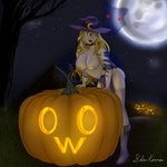 areola breasts claws clothing exposed_breasts female full_moon glowing glowing_eyes hat headgear headwear human_focus jack-o'-lantern light magic_user moon moonlight night nipples outside owo shadow torn_clothing wardrobe_malfunction witch witch_hat shin_kerron mythology canid canine human mammal mythological_canine mythological_creature werecanid werecanine werecreature werewolf 1:1 absurd_res hi_res