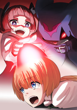 anthro blonde_hair blue_eyes bodily_fluids cloak clothing cowl crying evil_face female glowing glowing_eyes group hair male possession sapotama tears trio hase_popopo bandai_namco digimon digimon_beatbreak haruko_yamada makoto_kuonji chiropmon digimon_(species) human mammal absurd_res hi_res