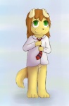 anthro bottomless clothed clothing female genitals green_eyes necktie pussy shirt smile solo tail topwear young young_anthro young_female ketsa pepper_(ketsa) bird_dog canid canine canis domestic_dog golden_retriever hunting_dog mammal retriever