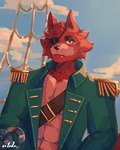 abs anthro clothed clothing epaulet eye_patch eyewear fangs fur hook hook_hand male muscular muscular_anthro muscular_male open_clothing open_topwear overcoat pecs pirate red_body red_fur single_tooth sky sky_background solo teeth topwear yellow_eyes selada five_nights_at_freddy's scottgames foxy_(fnaf) canid canine fox mammal 2022 digital_media_(artwork) hi_res