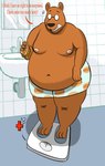 anthro belly big_belly clothing food grilled_cheese male moobs overweight overweight_anthro overweight_male pattern_clothing pattern_underwear paws sandwich_(food) solo text thick_thighs underwear weight_gain wide_hips mintsfresh69 night_in_the_woods angus_delaney bear mammal english_text hi_res