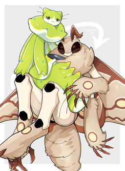 antennae_(anatomy) anthro black_eyes brown_body brown_fur duo fluffy fur green_body hug insect_wings wings sannota272 arthropod caterpillar insect larva lepidopteran moth hi_res