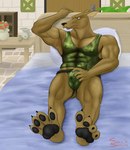 2020 4_toes abs absurd_res anthro armpit_hair balls bed bedframe biceps big_muscles bodily_fluids body_hair brown_body brown_fur bulge bulge_grab camo camo_clothing camo_print camo_tank_top canid canine canis clothed clothing cum detailed_background feet foot_fetish foot_focus fur furniture genital_fluids genitals grabbing_from_behind hi_res inside japanese_kobold jockstrap kobold_(suikoden) konami leaking_through_clothing looking_aside lying lying_on_bed male mammal muscular muscular_anthro muscular_male muscular_thighs nude on_bed pattern_clothing pawpads pecs penis precum ridley_wizen solo spikysketches suikoden suikoden_2 toes triceps underwear