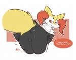 2016 anthro anthrofied anus bedroom_eyes black_body black_fur braixen butt canid canine dialogue english_text female fluffy fluffy_tail fur generation_6_pokemon genitals half-closed_eyes hi_res inner_ear_fluff inviting kilinah looking_back mammal master narrowed_eyes nintendo nude ownership pokemon pokemon_(species) pokemorph presenting presenting_anus presenting_hindquarters presenting_pussy pussy red_background red_body red_eyes red_fur red_nose seductive shaking_butt simple_background smile smug solo speech_bubble tail text tuft white_background white_body white_fur wiggle yellow_body yellow_fur