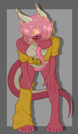 anthro blush bodily_fluids clothed clothing covering covering_crotch crop_top dripping female hair heart_eyes heart_symbol horn legwear long_tongue looking_at_viewer pantsless partially_clothed saliva saliva_drip shirt solo string tail tongue tongue_out topwear sarcobutter mythology lily_(sarcobutter) dragon mythological_creature mythological_scalie scalie hi_res