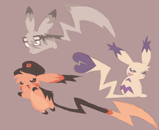 action_pose ambiguous_gender big_ears black_markings chibi clothing ear_tuft eyewear eyewear_only facial_markings female feral fur grey_body grey_fur grey_markings group hat hat_only head_markings head_tuft headgear headgear_only headwear headwear_only long_tail looking_at_viewer looking_back looking_back_at_viewer male markings mostly_nude nude open_mouth orange_body orange_fur orange_markings pose purple_markings sitting striped_body striped_fur stripes tail toony trio tuft white_eyes yellow_body yellow_fur clockstops3am conditional_dnp nintendo pokemon generation_1_pokemon pikachu pokemon_(species) hi_res