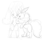 duo female feral fluffy fluffy_tail fur hug looking_at_viewer male male/female paws smile standing tail carniscorner nintendo pokemon arth_the_flareon cream_the_lopunny eeveelution flareon generation_1_pokemon generation_4_pokemon lopunny pokemon_(species) 2016 monochrome sketch