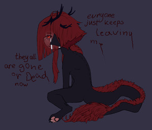 anthro black_body black_teeth braided_hair branch claws dark depression exhausted female fluffy fluffy_tail fur glowing glowing_eyes hair hair_over_eye horn inner_monologue lifeless_eyes long_hair long_tail multicolored_body multicolored_eyes nude pawpads paws pointy_ears pupils red_body red_eyes red_fur red_hair sad sharp_teeth slim solo suicidal tail teeth text thinking tired toe_claws unusual_anatomy white_face mary_windswift maria_(mary_windswift) leshy