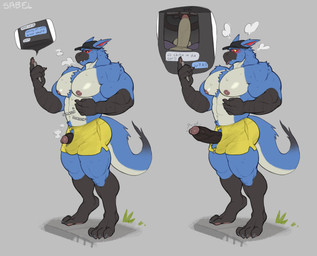 abs anthro aroused baseball_cap becoming_erect biceps big_muscles big_pecs big_penis blush bodily_fluids bottomwear calf_muscles claws clothed clothing dick_pic digitigrade erection forearm_muscles genital_fluids genitals glans hat headgear headwear humanoid_genitalia humanoid_penis male muscular muscular_anthro pecs penis penis_poking_out penis_through_fly precum shorts solo sweat tail tongue tongue_out triceps underwear underwear_only vein veiny_penis sabel_(artist) capcom monster_hunter flying_wyvern nargacuga absurd_res hi_res