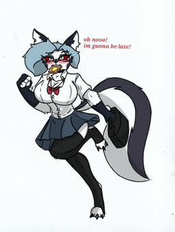 anthro big_breasts blush bread breasts eat_and_run female food highschool_uniform running running_with_toast small_waist solo text thick_thighs toast wide_hips pace-maker hellaverse helluva_boss mythology loona_(helluva_boss) canid canid_demon canine demon hellhound mammal mythological_canine mythological_creature english_text