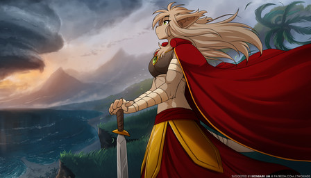 anthro armor biped bottomwear breasts brown_body brown_fur brown_hair brown_tail cape chest_tuft clothed clothed_anthro clothed_female clothing detailed_background female fingers fully_clothed fully_clothed_anthro fully_clothed_female fur green_eyes hair holding_melee_weapon holding_object holding_sword holding_weapon melee_weapon outside sea solo standing sword tail tan_body tan_fur text topwear tuft water weapon wraps wrist_wraps conditional_dnp narikusha tom_fischbach twokinds king_adelaide basitin mammal 2026 7:4 digital_drawing_(artwork) digital_media_(artwork) hi_res url
