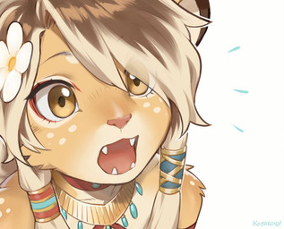 accessory adolescent anthro biped clothed clothed_anthro clothed_male clothing crossdressing crossdressing_male emanata fangs femboy freckles fur hair hair_accessory long_hair male male_anthro open_mouth simple_background solo teeth tongue white_background young young_anthro young_male koiyaroid felid lion mammal pantherine 2025 bust_portrait digital_media_(artwork) portrait signature