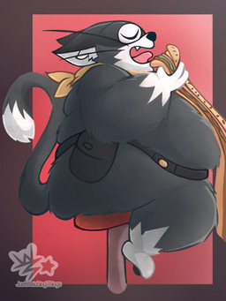 anthro belly belt big_belly big_butt black_body butt eating fangs fluffy food handkerchief kerchief male mask obese open_mouth overweight sandwich_(food) sitting solo tail teeth tongue utility_belt whiskers white_body justwatchingthings atlus megami_tensei persona_(series) persona_5 sega morgana_(persona) domestic_cat felid feline felis mammal tuxedo_cat hi_res