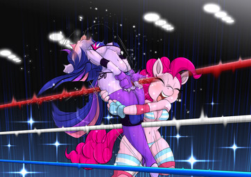 anthro bikini blush bodily_fluids catfight clothing duo female female/female fighters fighting_ring fingerless_gloves gloves handwear knee_pads match pose ryona saliva saliva_on_tongue saliva_string stirrup_legwear swimwear tongue tongue_out two-piece_swimsuit wrestler wrestling ne-octavoid friendship_is_magic hasbro my_little_pony pinkie_pie_(mlp) equid equine horse mammal pony absurd_res hi_res