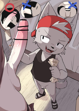 5_fingers anthro backwards_baseball_cap backwards_hat balls baseball_cap big_penis black_clothing black_shirt black_tank_top black_topwear bodily_fluids bottomless bottomless_male box censored_anus censored_genitalia censored_penis clothed clothing container duo erection fangs feet fingers flaccid footwear fur genitals grey_body grey_fur half-closed_eyes handjob hat headgear headwear holding_money holding_object holding_penis humanoid_genitalia humanoid_penis inside kemono looking_at_another looking_at_partner male male/male money narrowed_eyes open_mouth penile penis prostitution red_cap sandals sex shirt shoes speech_bubble sweat tail tank_top teeth toes topwear vein veiny_penis worried young young_anthro young_male manmosu_marimo red_back-cap_pup_(marimo) canid canine canis domestic_dog mammal 2025 censored japanese_description