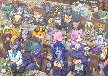 angry anthro bag barrel blue_eyes blush bottle bread chopsticks cigarette clothing container detailed_background drinking eating eyewear female food footwear furniture glass glasses green_eyes group heterochromia horn ice ice_cube legs_up male markings necktie ossicone pince-nez plate red_eyes scarf shoes sitting suit table toony wings syuriusuhusky avian canid canine canis felid fox giraffe giraffid mammal wolf detailed