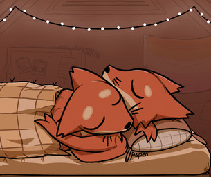 ambiguous_gender anthro arms_around_another attic bed bedding blanket cheek_tuft corkboard countershading cuddling detailed_background duo ear_tuft facial_tuft fur furniture lesbian_pride_colors lgbt_pride nude orange_body orange_fur pillow pride_colors selfcest square_crossover string_lights tuft under_blanket creatureaffect pixile_studios super_animal_royale poloroid canid canine fox mammal super_fox_(sar) warm_colors