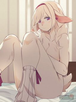 accessory anthro blue_eyes clothing ear_piercing female footwear footwear_only fur hair hair_accessory hairband horizontal_pupils looking_at_viewer mostly_nude mostly_nude_anthro mostly_nude_female piercing pupils socks socks_only solo white_body white_fur white_hair mochii_tiger bovid caprine mammal sheep absurd_res hi_res