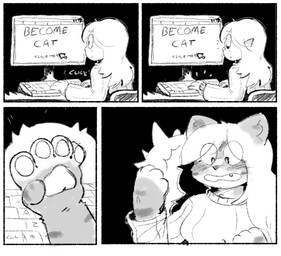 anthro blush clothed clothing computer electronics female hair handpaw human_to_anthro keyboard paws solo species_transformation text transformation dondedun domestic_cat felid feline felis human mammal comic english_text hi_res monochrome