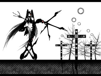 black_bars bottomwear clothing cross cybernetic_eye cybernetics female front_view hair loincloth long_hair machine mechanical_arm mechanical_leg midriff navel plant solo standing tree twintails_(hairstyle) deino_(artist) calne_ca humanoid robot robot_humanoid 2009 3d_(artwork) 4:3 autodesk_3ds_max_(artwork) black_and_white digital_media_(artwork) letterbox monochrome spot_color