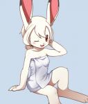 4_fingers anthro bare_shoulders biped blue_background blush breasts cleavage clothed clothing female fingers fur hair hand_behind_head kemono lagomorph leporid looking_at_viewer mammal one_eye_closed open_mouth rabbit red_eyes simple_background sitting small_breasts smile solo towel towel_only unrealplace white_body white_fur white_hair wink wusagi_(unrealplace) young young_anthro