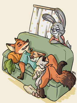 anthro buckteeth container cuddling cup dipstick_ears dipstick_tail ear_markings eyes_closed female fur furniture gloves_(marking) group leg_markings lying male markings multicolored_ears multicolored_tail on_back open_mouth pacifier pillow plushie purple_eyes simple_background size_difference sleeping smile socks_(marking) sofa tail tail_markings teeth kartazene disney zootopia judy_hopps nick_wilde canid canine fox hybrid lagomorph leporid mammal rabbit red_fox true_fox 3:4