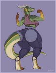 anthro big_breasts big_butt blue_border border bottomwear breasts butt butt_pose clothed clothing curvy_figure female flexing green_body green_scales horn huge_butt looking_back low-angle_view muscular muscular_anthro muscular_female non-mammal_breasts pants pose purple_background rear_view scales simple_background solo standing tail tail_pants thick_tail thick_thighs tight_clothing voluptuous wide_hips yoga_pants greasymojo mythology emma_(dragons-and-drawings) dragon mythological_creature mythological_scalie scalie 2020 absurd_res hi_res