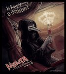 5_fingers alcohol anthro beak beverage biped black_border black_sclera border capelet chandelier clothed clothing container cup curtains detailed_background drinking_glass dutch_angle fingers glass glass_container glass_cup gloves handwear happy_birthday hood male number plague_doctor pupils red_curtains red_eyes red_text solo standing text white_beak white_face white_text wine wine_glass amamidori scp_foundation scp-049 avian bird 2016 artist_name dated digital_media_(artwork) digital_painting_(artwork) english_text half-length_portrait portrait restricted_palette signature