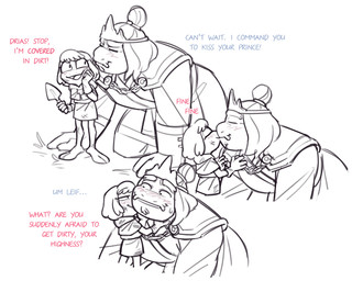 2_toes 4_fingers anthro blush bodily_fluids chain clothed clothing crown dialogue duo eyebrows feet female fingers hair headgear kissing larger_male male male/female narrow_hips open_mouth romantic royalty size_difference smaller_female smile sweat sweatdrop text thick_eyebrows thin_calves thin_legs thin_thighs toes dashintrash amphibia_(series) disney king_andrias_leviathan leif_plantar amphibian frog newt salamander english_text hi_res monochrome