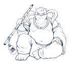 bottomwear clothed clothing eyewear glasses jewelry looking_at_viewer male moobs navel necklace overweight overweight_male pants simple_background solo stick topless white_background shinoda_hamazaki bear mammal 6:5 hi_res monochrome