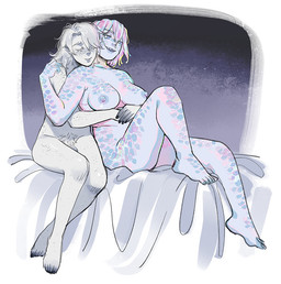 big_breasts blush breasts duo female freckled_arms freckled_face freckled_hips freckled_legs freckled_shoulders freckled_thighs freckles genitals gills hair hug iridescent iridescent_body iridescent_hair iridescent_scales male male/female nipples not_furry nude penis scales sitting text starfleetrambo siren_and_scientist lachlann_(starfleetrambo) oskar_(starfleetrambo) animal_humanoid human humanoid mammal marine marine_humanoid oarfish_humanoid siren digital_media_(artwork) english_text sketch trans_(lore) trans_man_(lore)