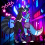 black_hair blue_hair bulge clothed clothing crossdressing duo eyewear glasses hair kissing male male/male neon street megnog aurora_(auroralights) raz_(raz) canid canine fox mammal 1:1 hi_res