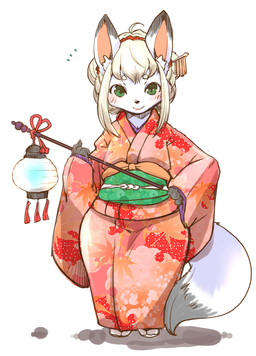 anthro asian_clothing blonde_hair clothed clothing east_asian_clothing female female_anthro fur green_eyes grey_body grey_fur hair holding_object japanese_clothing kemono kimono lamp lantern obi solo setouchi_kurage canid canine fox mammal 2020